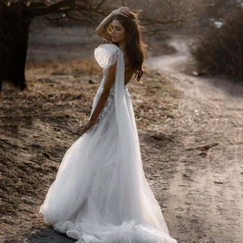 Een Schouder Tulle Bohemian Trouwjurken Strand Trouwjurken Backless Sweep Trein Lace Boho Bruidsjurk Vestido De Noiva Een Schouder Tulle Bohemian Trouwjurken Strand Trouwjurken Backless Sweep Trein Lace Boho Bruidsjurk Vestido De Noiva