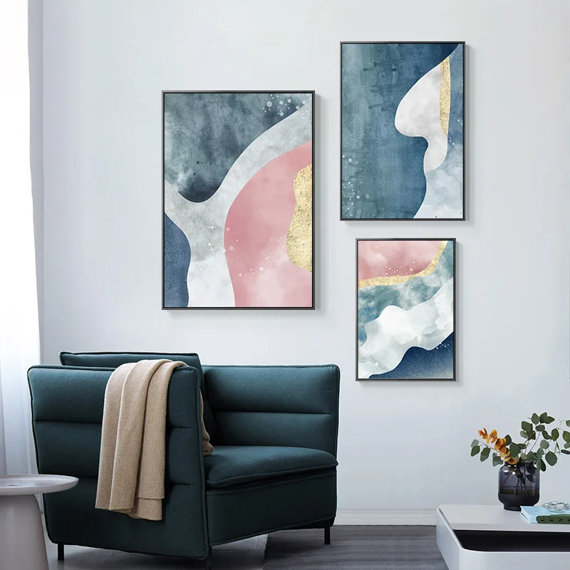 

Abstract Canvas Print Paintings Blue Pink Gold Foil Poster Morden Wall Art Pictures on Canvas Living Room Office Home Decor