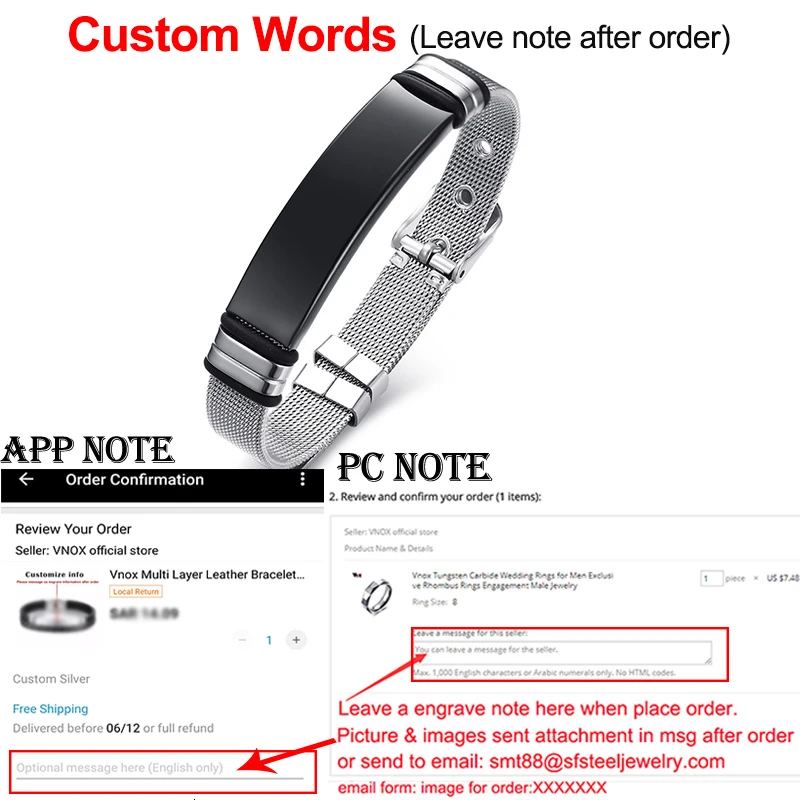Vnox, мужские браслеты из нержавеющей стали, на заказ, с гравировкой, ID тег, длина подарка, регулируемая, с сеткой, наручные часы, ювелирные изделия - Окраска металла: BS Custom
