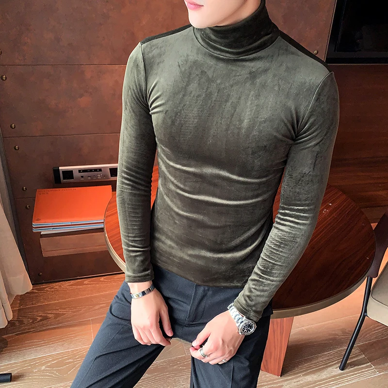 

New Autumn And Winter Mens T-shirts Luxury Turtleneck Long Sleeve Velour Male T-shirts Solid Color Slim Fit Man T-shirts
