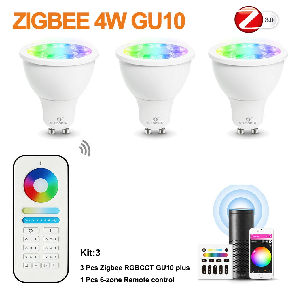 ZigBee Smart 4 Вт GU10 Spotlight RGB+ CCT светодиодный лампы+ 6-зоны РФ Пульт дистанционного управления Комплект работать с Zigbee 3,0 концентратор Alexa Echo плюс пульт дистанционного управления для/Голосовое управление Управление - Испускаемый цвет: Kit-3