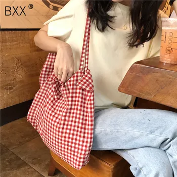 

[BXX] 2020 Autumn New Design Hot Sale Casual Large Capacity Plaid Cotton Tote Open Thread Ladies Shopping Handbag Women DA025