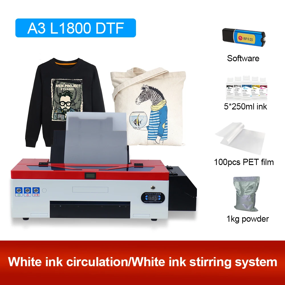  DSV DTF Printer A3 L1800 Transfer Machine Built-in White Ink  Circulation System for Dark/Light T-Shirts, Hoodie,Pillow,Different Fabrics  (DTF +Oven+5 x 250ml Ink+100 Sheets PET Film) : Office Products