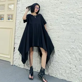 

Z-zoux Women Dress Mesh Patchwork Irregular Loose Dresses Asymmetry Black Printing Plus Size Dresses Women 2020 New Fashion