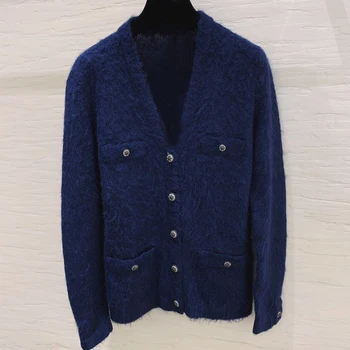 

Fashion Wool Knitted Cardigan Women Spring V-neck Long Sleeve Knitting Sweater Top Fashion Women Blue Cardigan