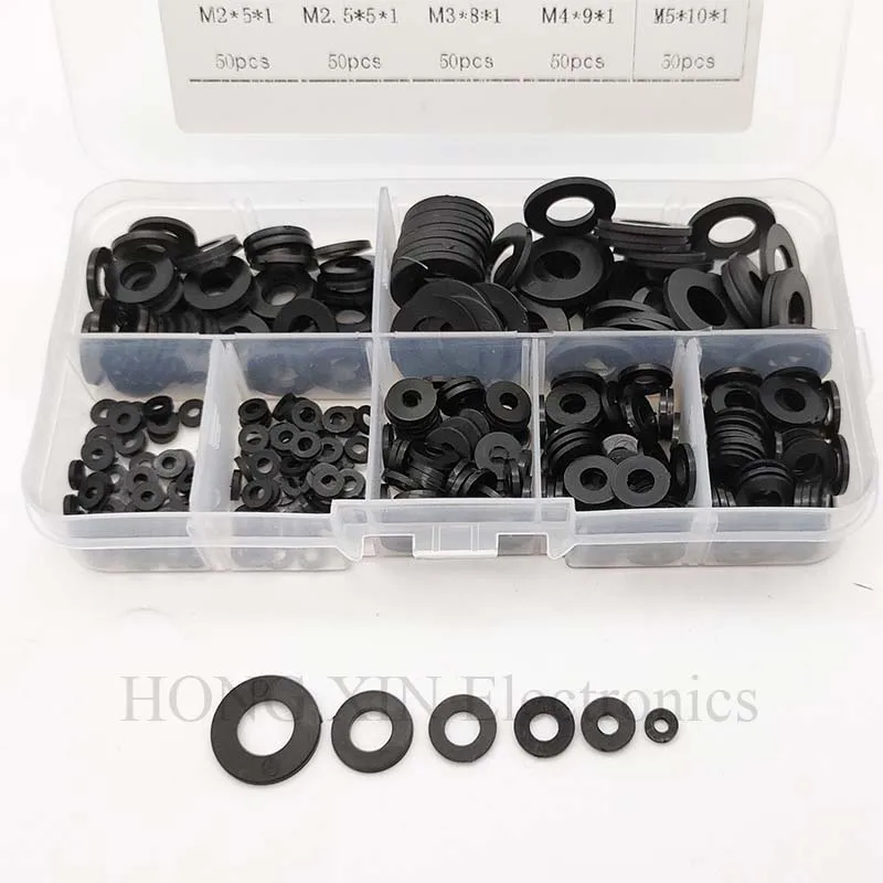 350Pcs Plastic Washer Black M2-M8/PCB Nylon Plastic Washer Bolt Assortment kit set With Box Gasket RingFastener Hardware