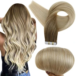POPUKAR Straight Human Hair Extensions Tape In Walnut Brown to Ash Brown and Bleach Blonde Remy Hair 50 Gram Per Pack