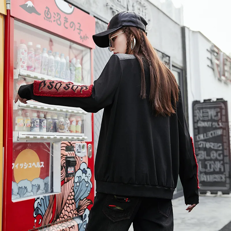 Vefadisa Pocket Patchwork Sweatshirt Woman Autumn O-Neck Pullovers Sweatshirt Black Long Sleeve Loose QYF1470