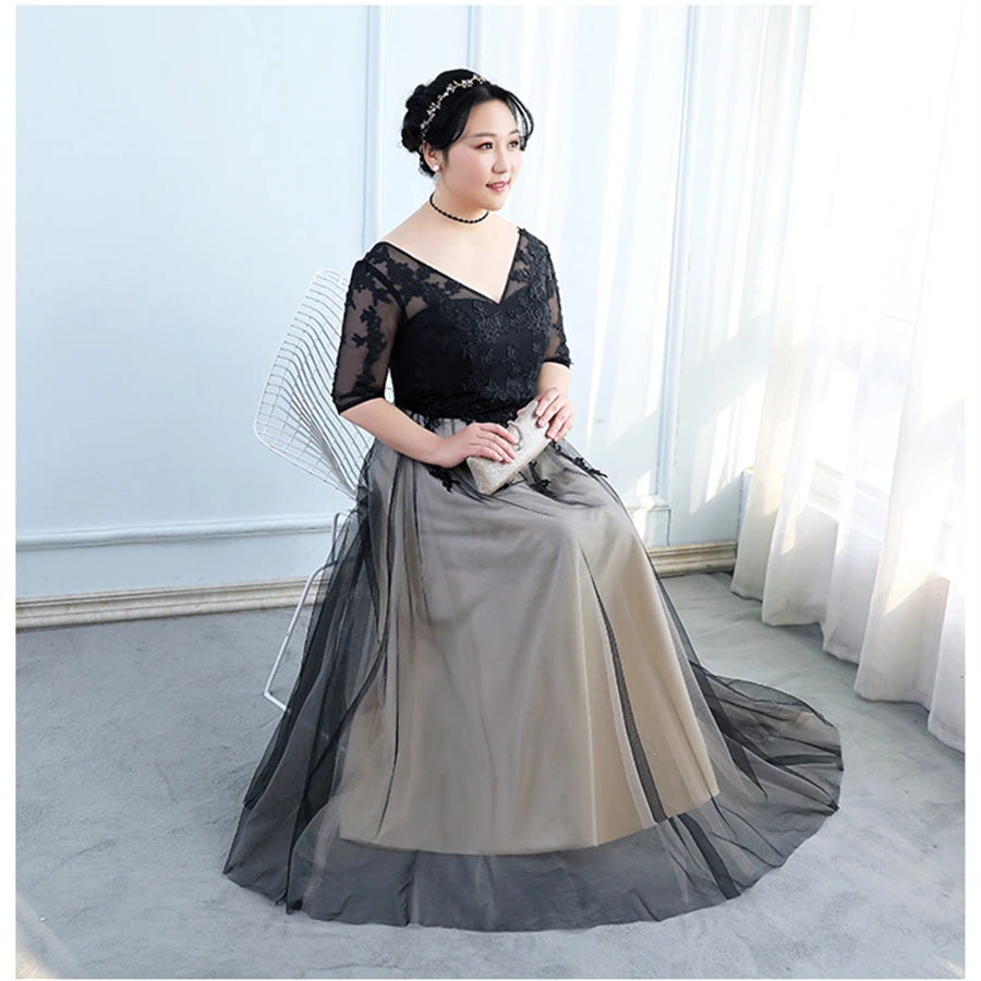 Официальное платье с глубоким v-образным вырезом, рукав до локтя, Robe De Soiree, новинка размера плюс, черное, длина до пола, женские вечерние платья, вечерние платья T195