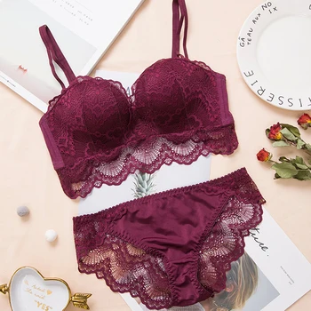 

Lady Comfortable Gathering Sexy Lace Bra Panty Set Push Up Bra Wire-Free Massage Contour Palm Cup Bra Set 2 Piece Bodysuit