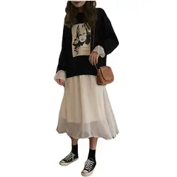 Осень 2019, новый стиль, модная Толстовка с принтом головы + платье с вырезом лодочкой, комплект из двух предметов