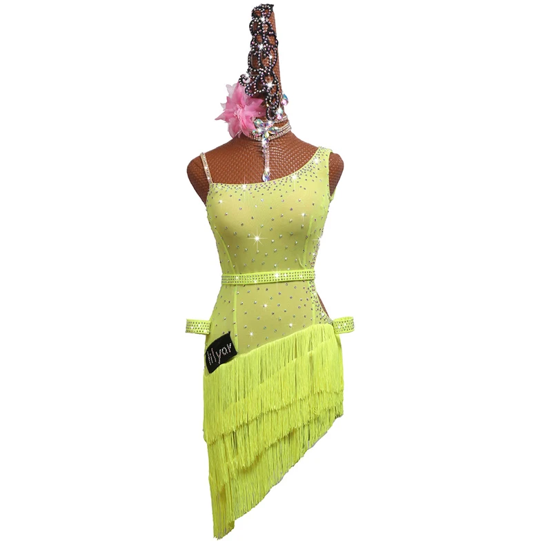 Latin Dance Dress Suit Tassel Dress Female Adult Children'S Competition Dress Dance Outfit Party Fluorescent Yellow Dress Latin