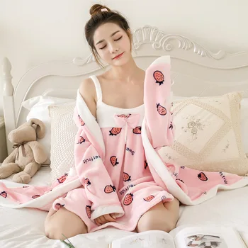 

2PCS Red Women Robe Set Sexy Kimono Gown Lougne Flannel Homewear Intimate Lingerie Warm Nightgown Home Dress Soft Sleepwear