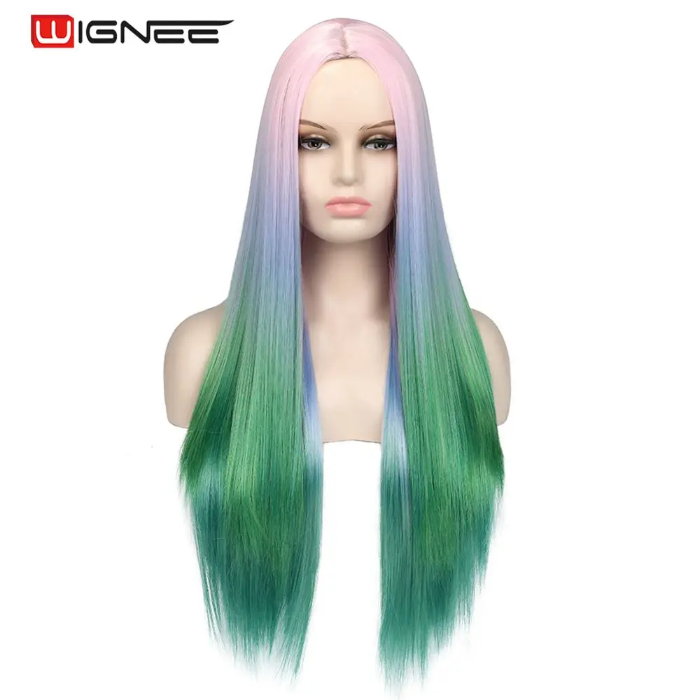 

Wignee Long Synthetic Hair Ombre Straight Mixed Pink/Blue/Green Heat Resistant Wigs For Women Middle Part Cosplay Natural Wigs