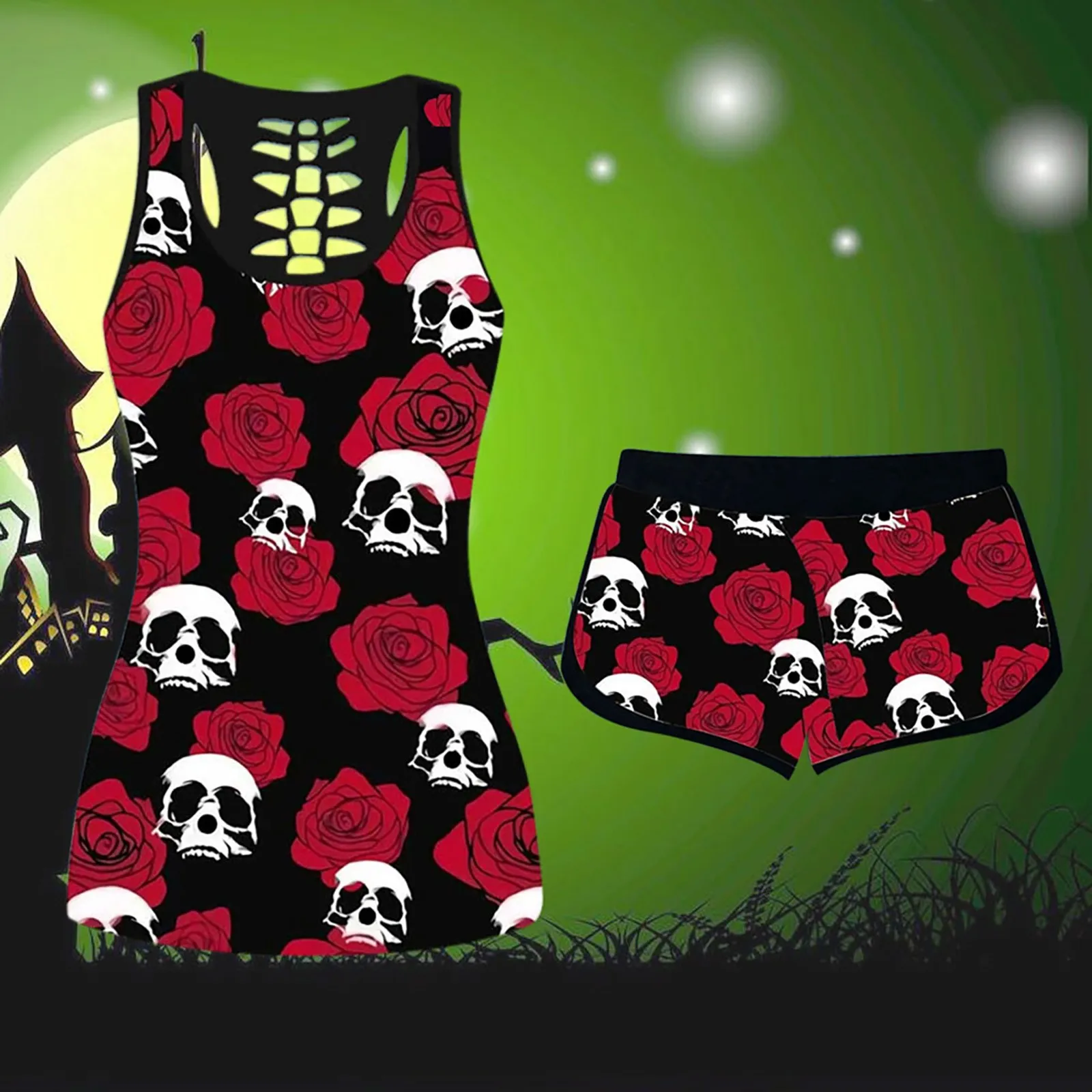 2021 Women's Rose Skull Printing Sleeveless Shorts Set Halloween atmosphere Nightwear Short Set Refreshing Round neck tops 1
