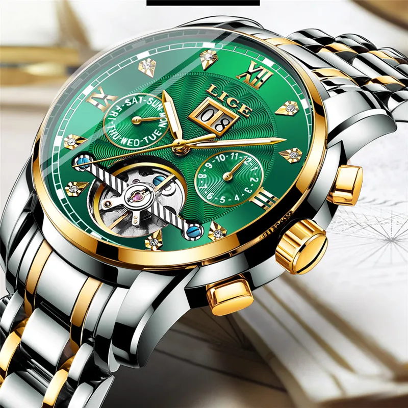 LIGE оригинальные мужские часы автоматические механические Tourbillon Роскошные из