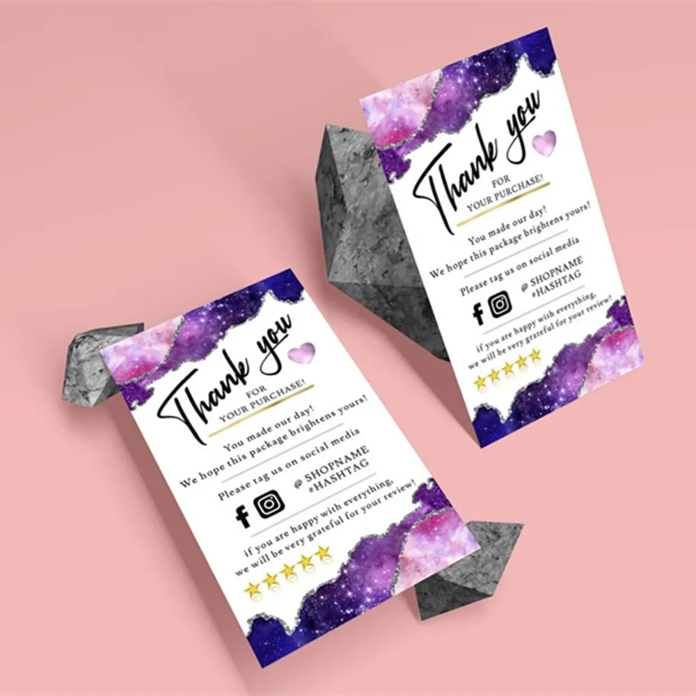 

Персонализированная карта-вкладыш для маленького бизнеса Galaxy, розовая фиолетовая упаковка, карта-вкладыш, Пользовательский текст, карта социальных сетей