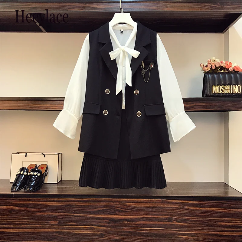 

Office Ladies French Vintage Elegant 3 Pieces Set Korean Bow Collar Long Sleeve Blouse +Blazer Vest+Pleated Skirts Set