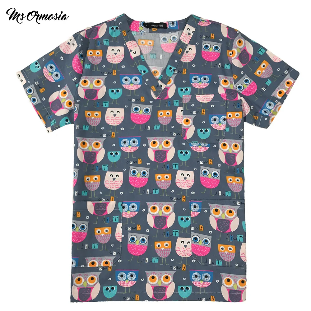 

Breathable comfortable Cute owl Cotton Cartoon scrubs uniform Beauty Salon Uniform Laboratory Pet Shop Scrub Uniform Workwear