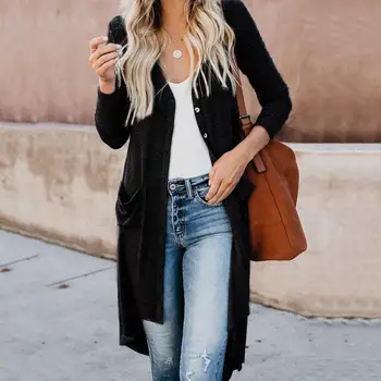 

Long sleeve shrug knitted Loose sweater women Autumn winter v-neck long overcoat cardigan women White Button female knitwear