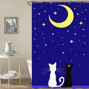 

Shower Curtain Set with Hooks Soap Resistant Waterproof Cartoon Black White Cats Night Sky Yellow Moon Bathroom Decor Machine