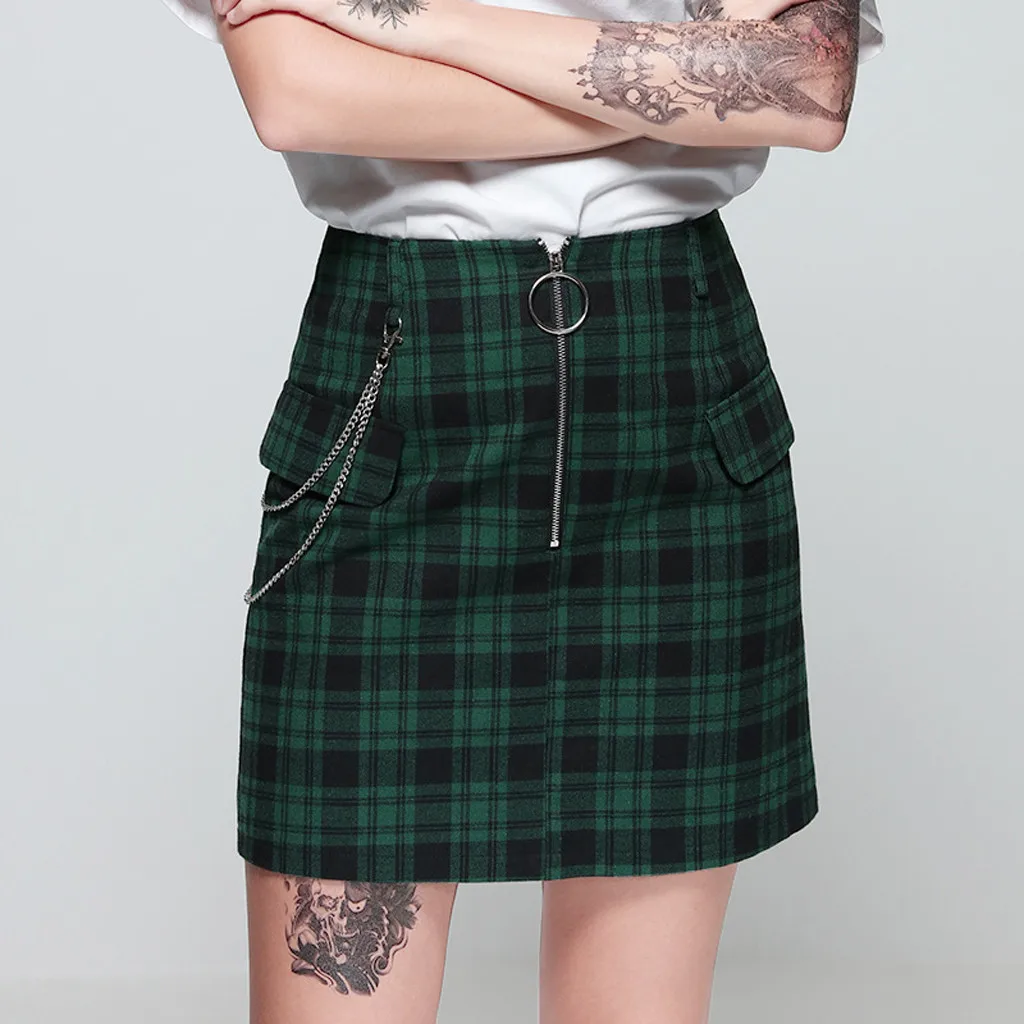 

Feitong Casual Short Womens Skirts Gothic Punk Black Retro Plaid Printed Skirt High Waist Zipper Loose Summer Ladies Skirts