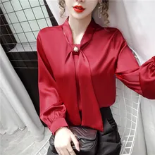 Aliexpress - Korean Silk Women Blouses Women Satin Long Sleeve Shirt Woman Bow Tie Blouse Tops Plus Size Woman Silk Beading Blouse Shirts XXL