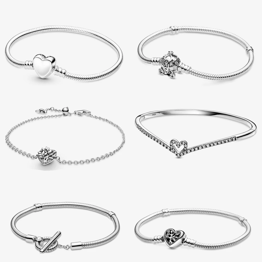 

New 925 Sterling Silver Jewelry Cinderella Pumpkin Coach Clasp Moments Bracelet Heart T-Bar Snake Chain Bracelet DIY jewelry