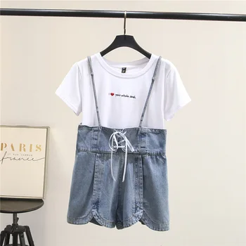 

Fat Women 2019 Summer New Love T Shirt + Cowboy Strap Shorts Suit Big Code Loose Slim Two-piece Set