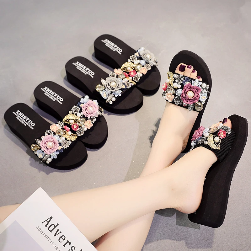 

Vogue Casual Women Torridity Slippers Fashion Fasten Heel Woman Flowers Pearls Shoes For Female Beach Slides Slipper