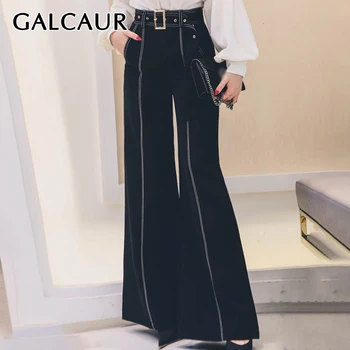 

GALCAUR Hit Color Trousers For Woman With Pockets Spring Sashes Zipper High Waist Slim Female Wide Leg Pants Fashion Korean New