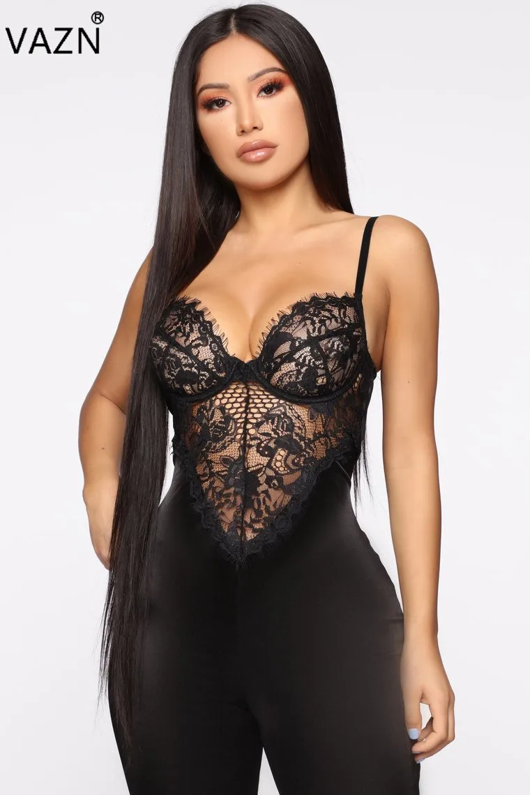 

VAZN 2019 summer women hot sale reduction of age sleeveless lace condole belt sexy hollow out jumpsuits long pants MS968