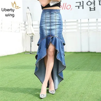 

Spring New Brand Womens Asymmetrical Ruffles Wash Denim Slim Fit High Waist Fashion Streetwear Female Long Skirts