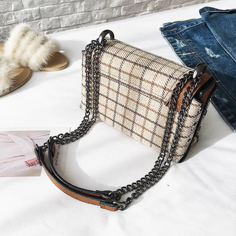 

2019 New Style Woolen Plaid Square Sling Bag Dinosaur Feather Iron Pendant Shoulder Oblique Handbag