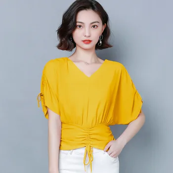 

V-neck solid color waist short chiffon short sleeve shirt women gray