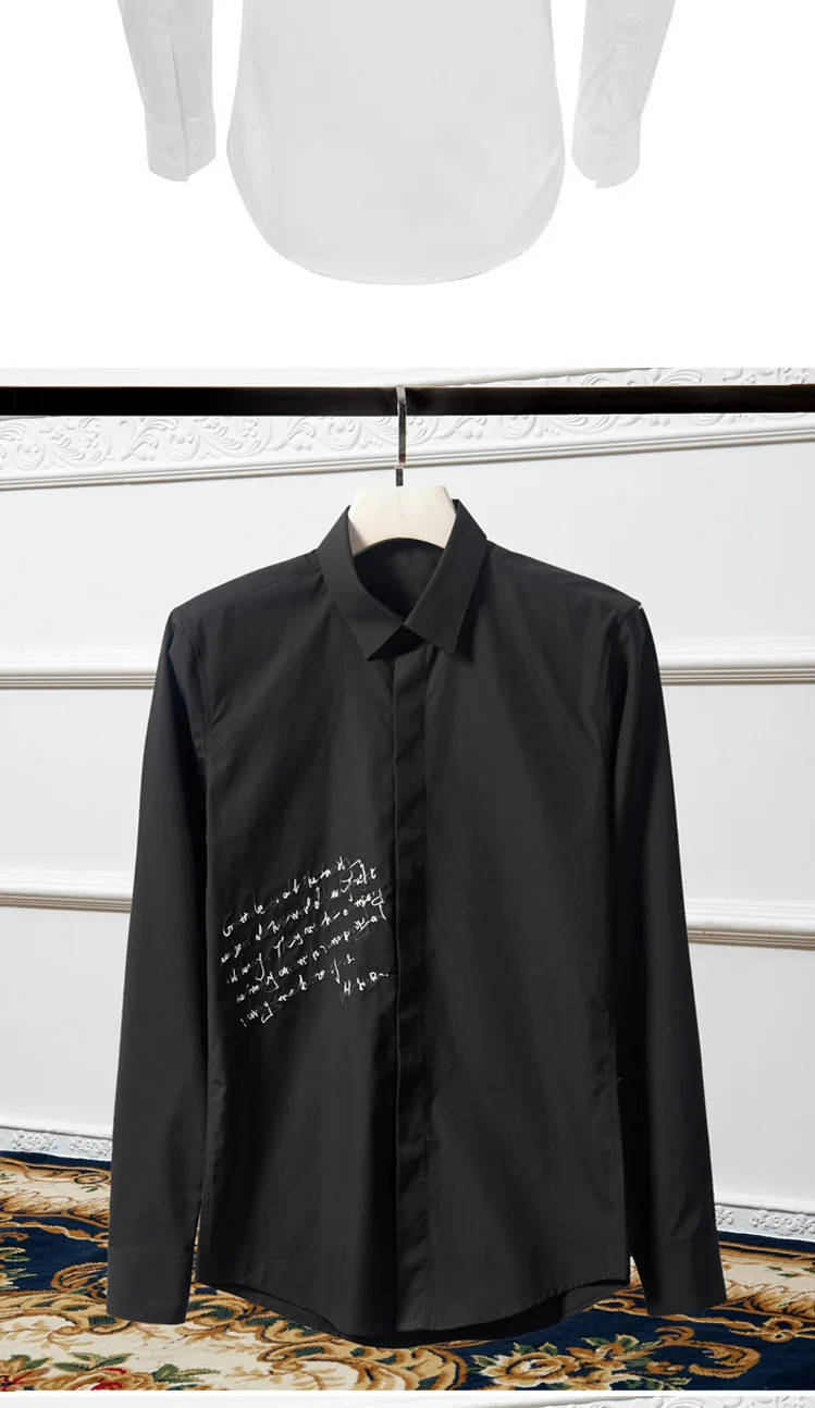 Брендовые мужские рубашки с длинным рукавом Slim Chemise homme сплошной цвет буквы вышивка рубашки для мужчин повседневные деловые мужские рубашки