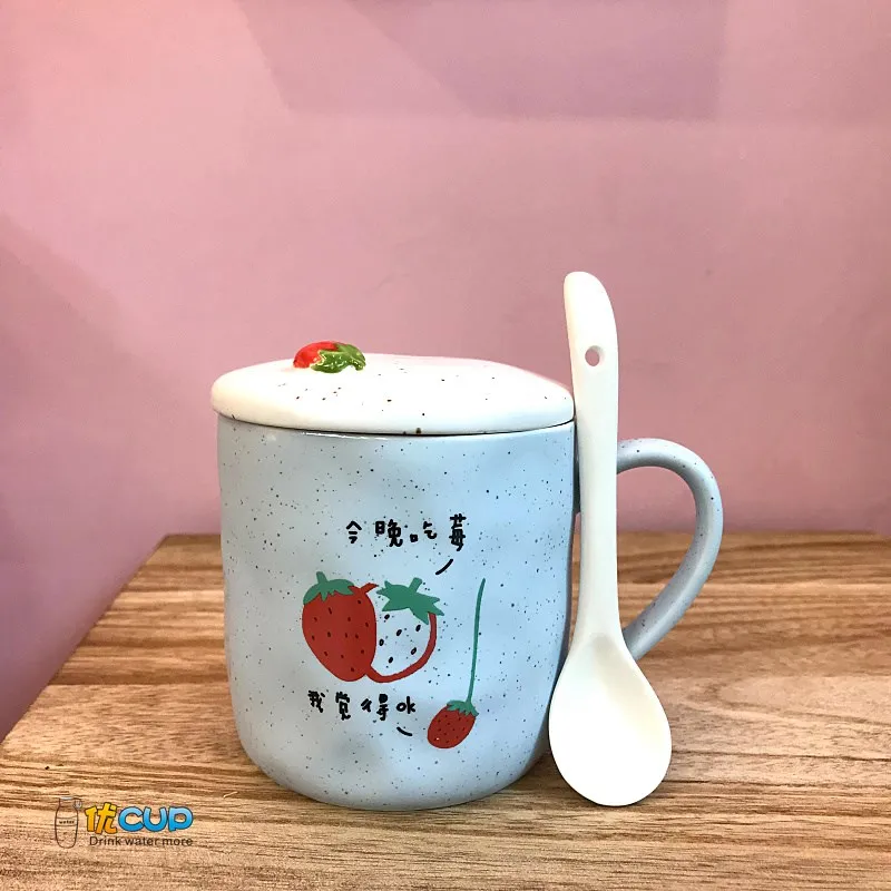 Мультяшная Клубничная чашка для воды, керамическая чашка, Корейская девушка, сердце с крышкой и ложкой, Офисная Студенческая Клубничная чашка BB50MK - Цвет: 4