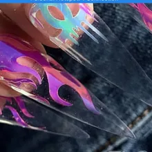 Голографическая наклейка с лазерным огненным пламенем и полоской «Лолита», пустотелая наклейка с изображением огня на маникюр, трафаретная наклейка, для украшения ногтей