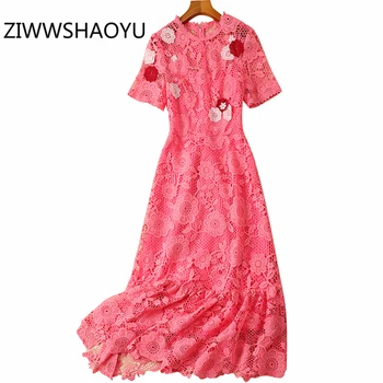 

ZIWWSHAOYU Women Summer Hollow Out Embroidery Party Red Midi Dresses Ladies Short Sleeve Appliques High Waist Ruffles Dress