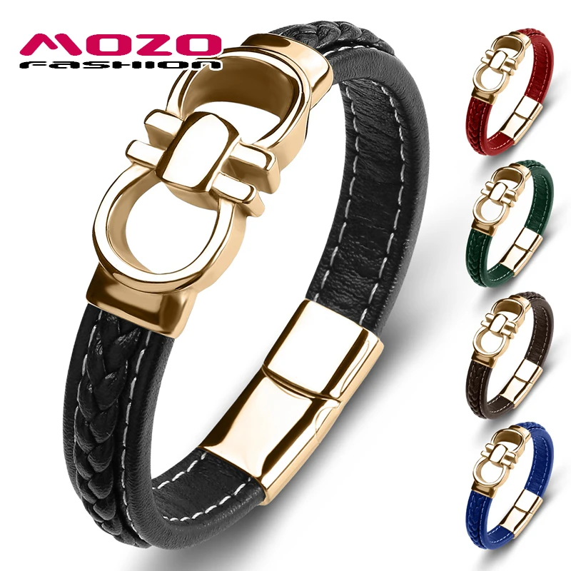 

New Classic Men Bracelet Genuine Leather Stainless Steel Charm Women High Quality Fashion Jewelry Bangles Black