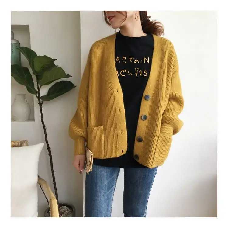 

2019 Women V-Neck Lantern Sleeve Loose Sweater Korean Style Single-Breasted Knit Cardigan Solid Casual Short Coat