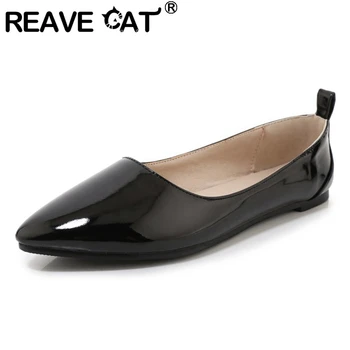 

REAVE CAT Woman Sping Autumn Elegant Pumps Round Toe Low Square Heels Patent Leather Slip on Big size 34-46 Casual Office A2877