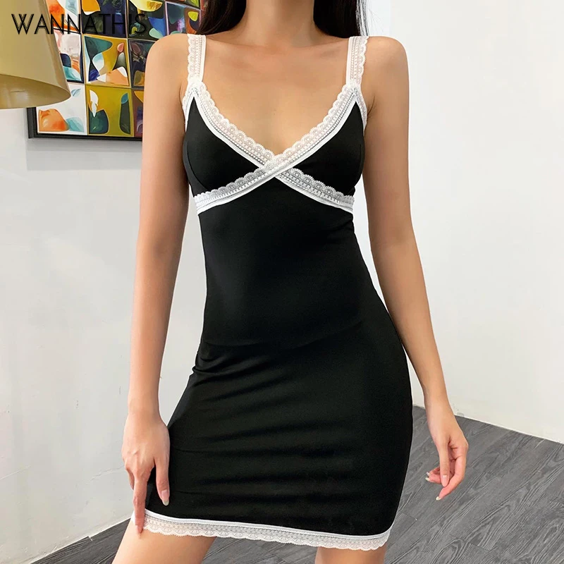 WannaThis V-Neck Spaghetti Strap Summer Mini Dresses Women Sleeveless Patchwork Lace up Hem Skinny Elastic Elegant Sexy Dresses WannaThis V-Neck Spaghetti Strap Summer Mini Dresses Women Sleeveless Patchwork Lace up Hem Skinny Elastic Elegant Sexy Dresses