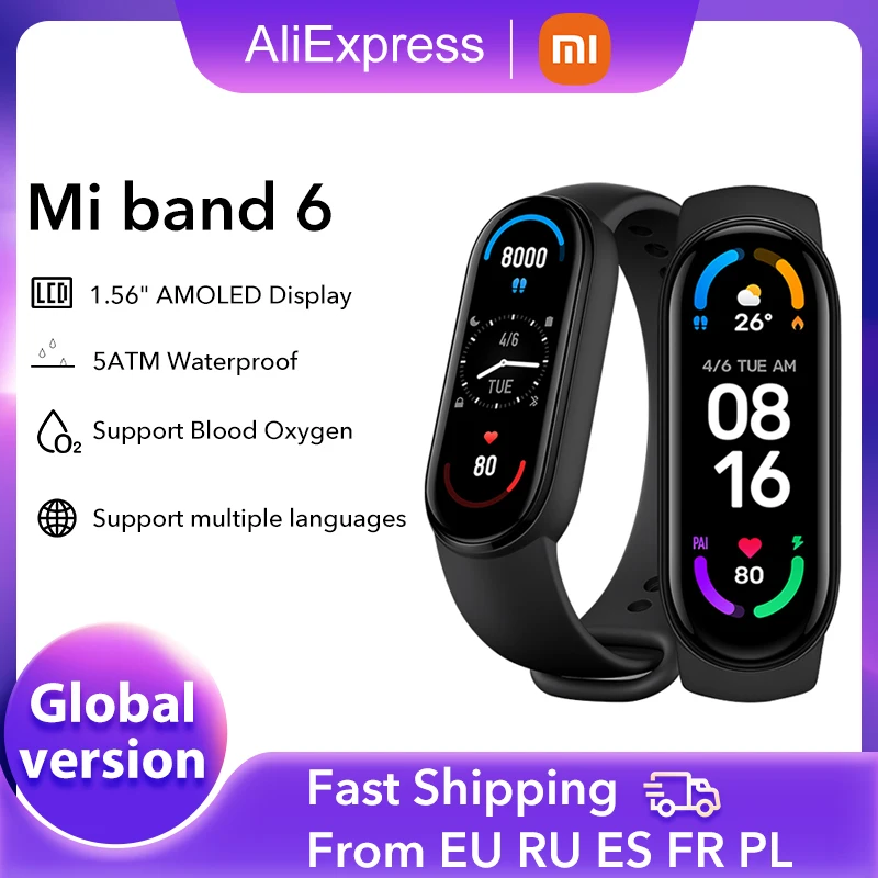 Смарт-браслет Xiaomi Mi Band 6 с глобальной версией AMOLED полноэкранный SpO₂ кислород