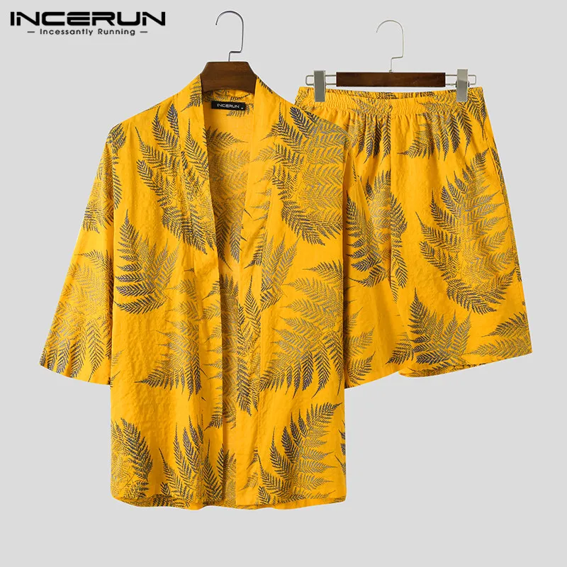 Tops Cardigan Hawaiian-Sets INCERUN 2pieces Chic-Shorts Streetwear Casual Men Print Open-Stitch
