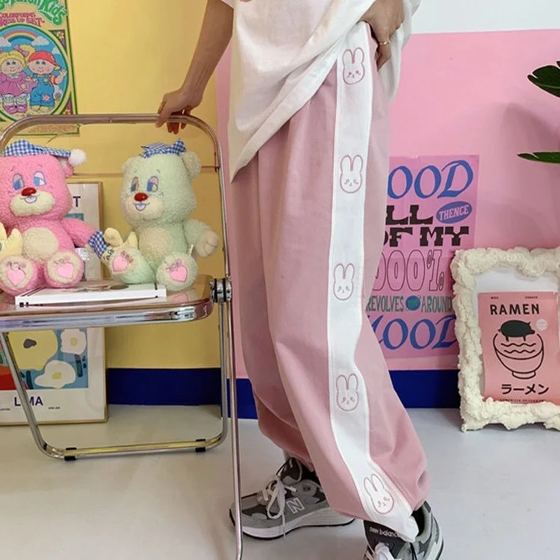 MINGLIUSILI-Pantalón de pierna ancha Kawaii para mujer, pantalones con estampado de conejo a la moda, coreanos, de cintura alta, color rosa, primavera 2021