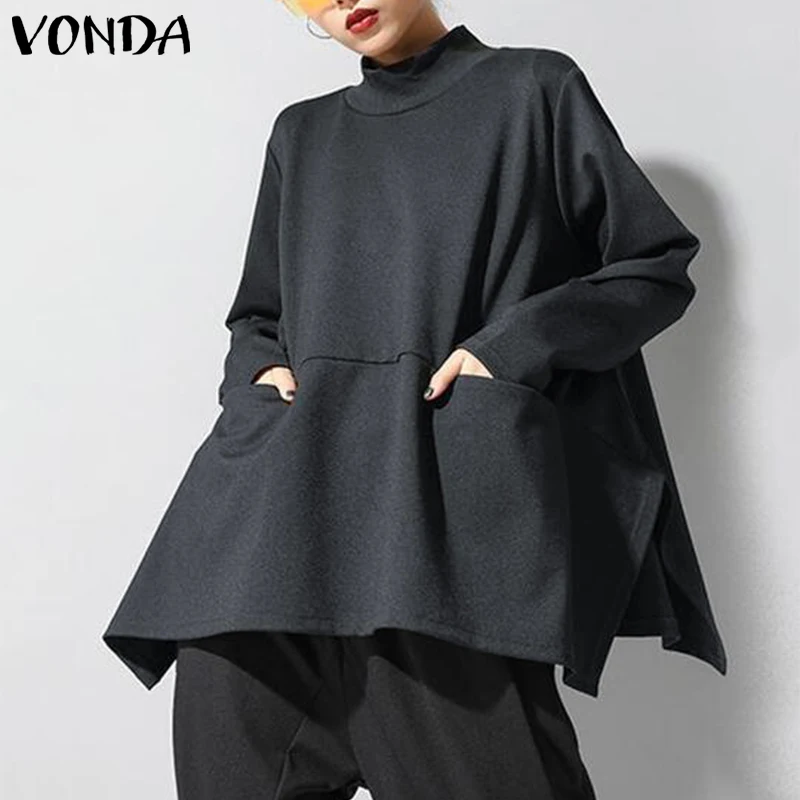 

Stylish Solid Blouse Autumn Elegant Office Shirts Tops VONDA 2020 Casual Baggy Solid Long Shirts Loose Pocket Blusas Plus Size