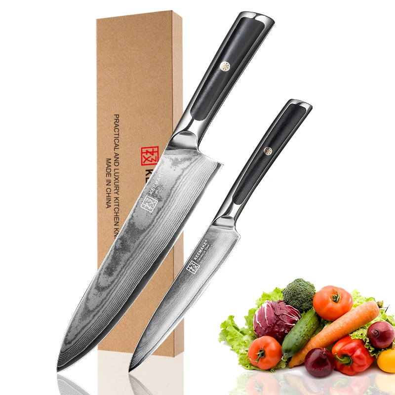 KEEMAKE Высококачественный нож шеф-повара, дамасский японский нож VG10, нож из стали, инструменты G10 с ручкой, 2 шт, набор кухонных ножей