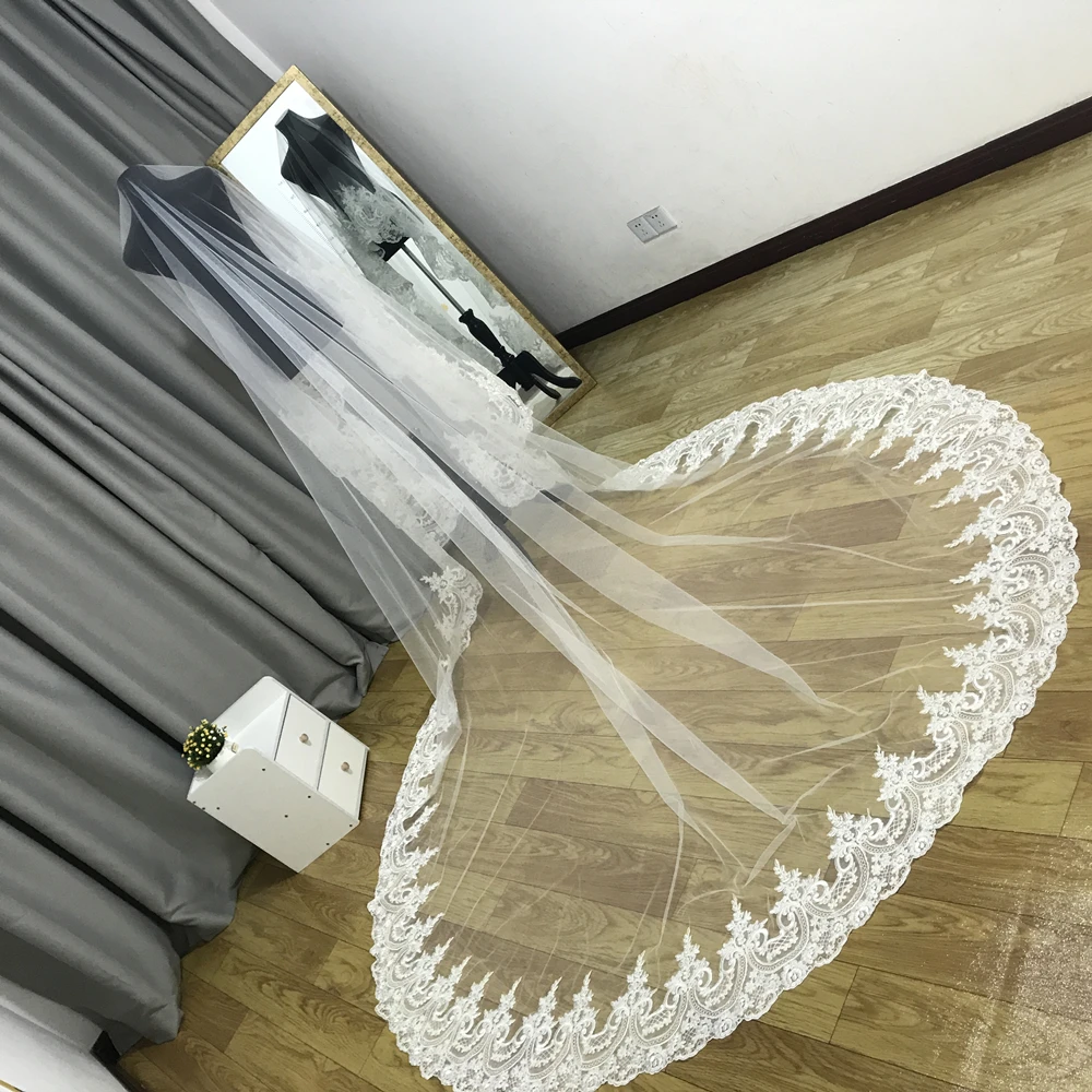 Real Photo 3meter Long Wedding Veil lace veil One Layer Cathedral Veil Tulle veil Bridal white ivory With Comb