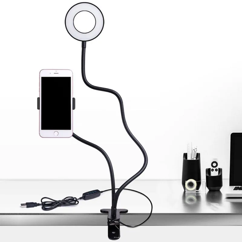 

Lazy Long Arm Flexible Desktop Metal Bracket Stand Holder Dimmable LED Fill Light Selfie Ring Light for Video Live Game Makup